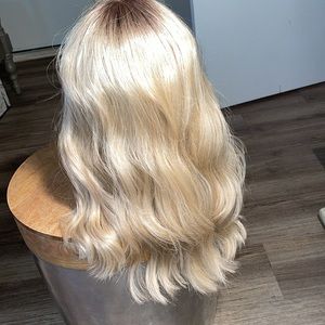 Light beige blonde with medium brown blended root lace front part wig 16”-18”